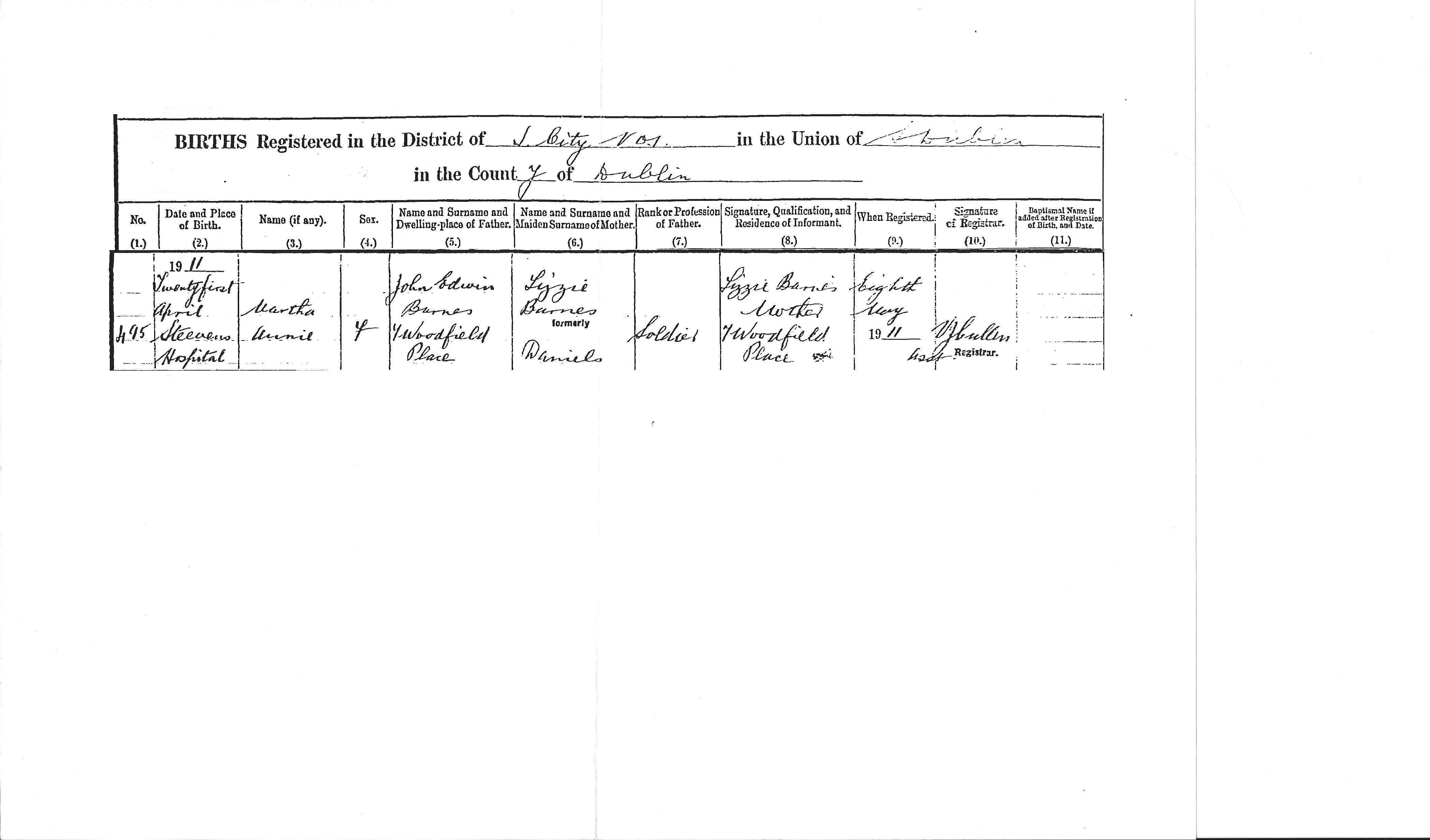 Martha Annie Barnes Birth Cert