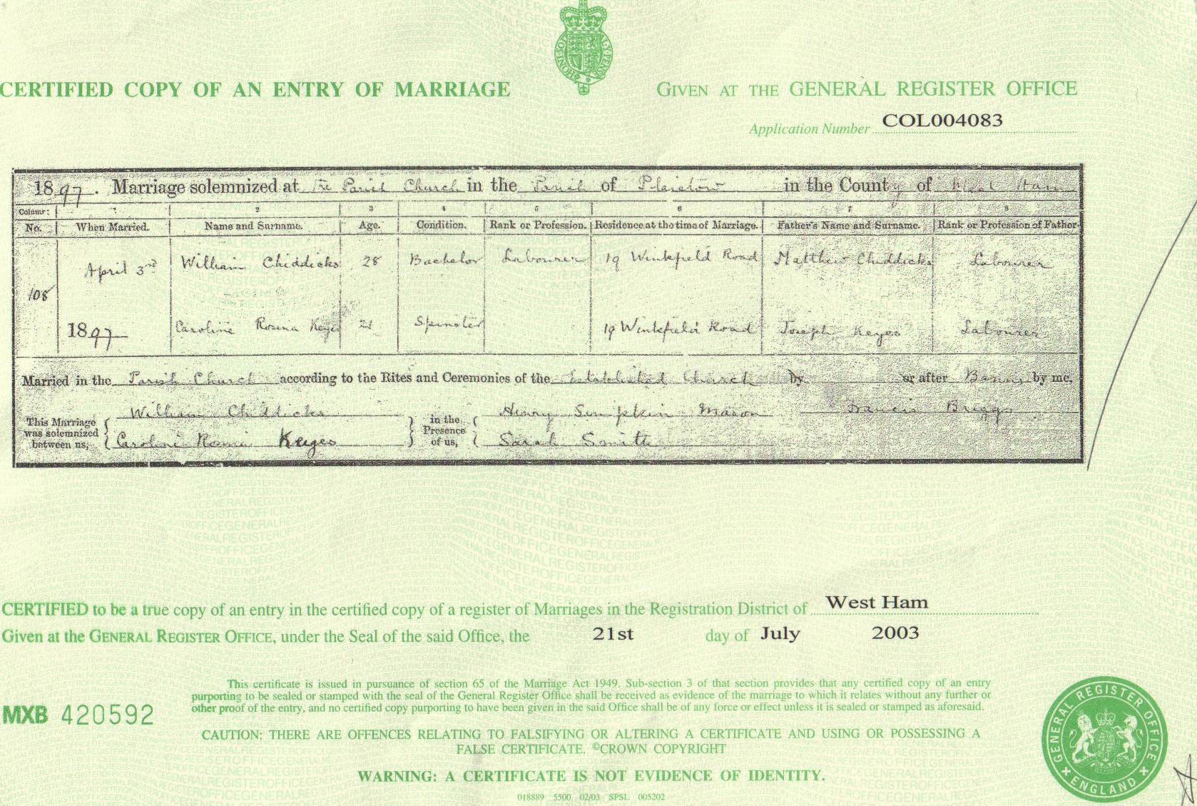 William & Caroline Marriage