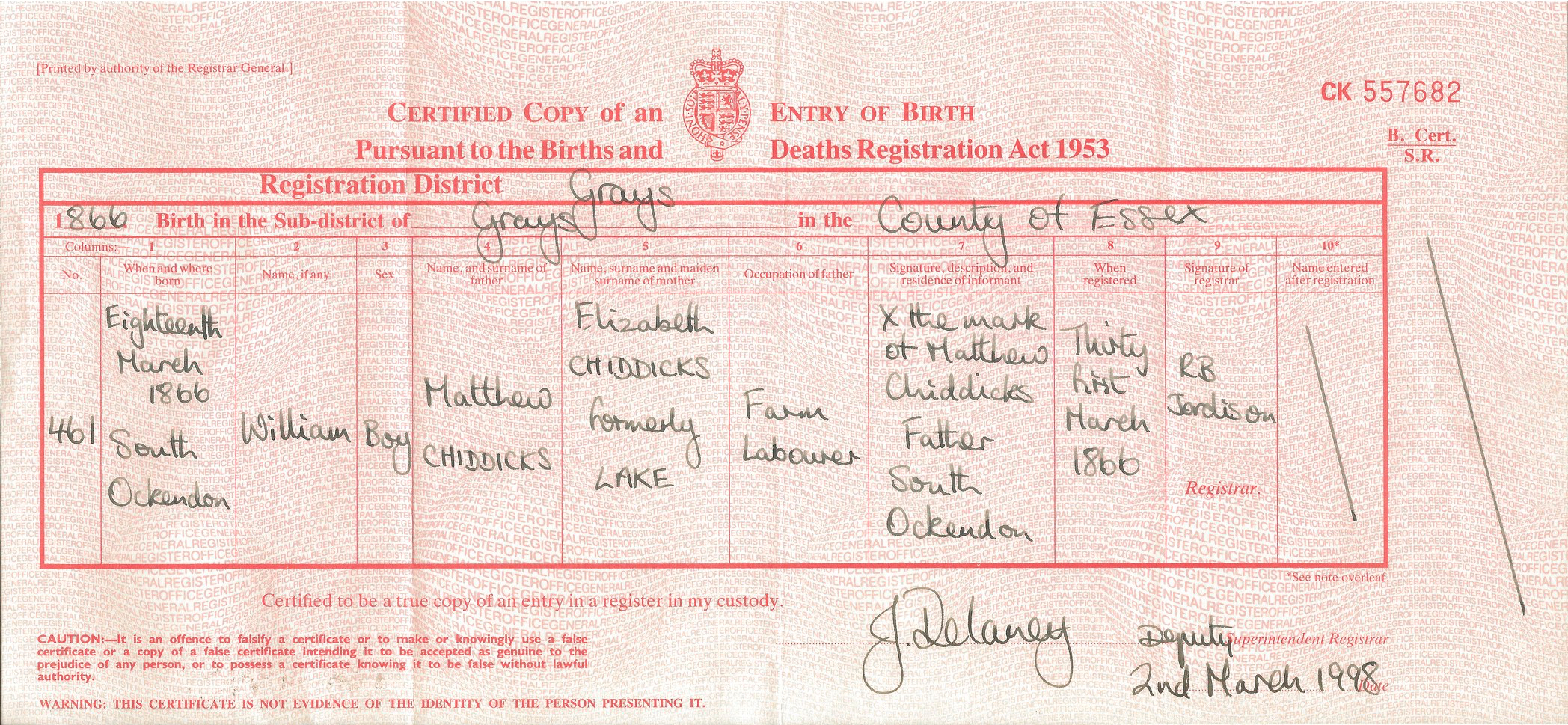 William Chiddicks Birth
