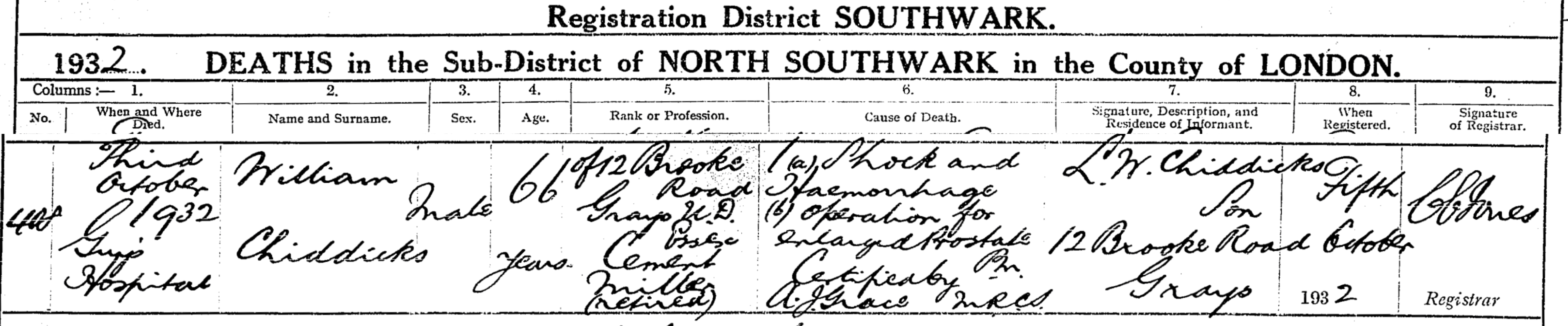 William Chiddicks Death Cert