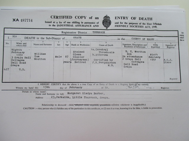 William Tom Wootton Death Cert