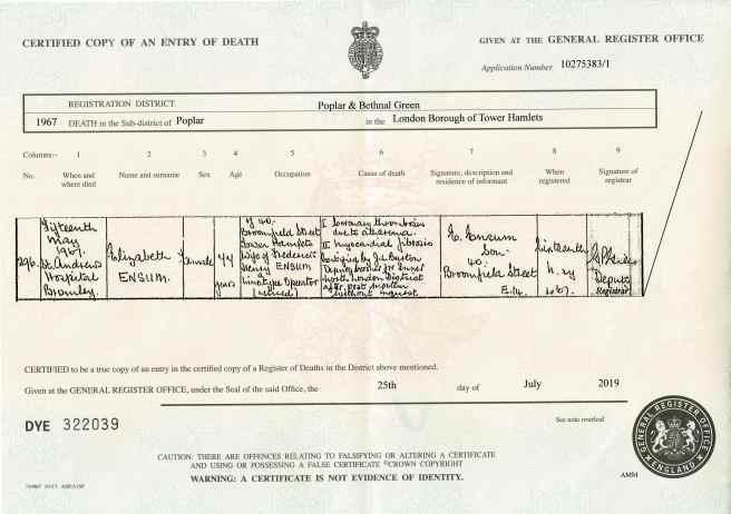 Elizabeth Daniels Death Certificate