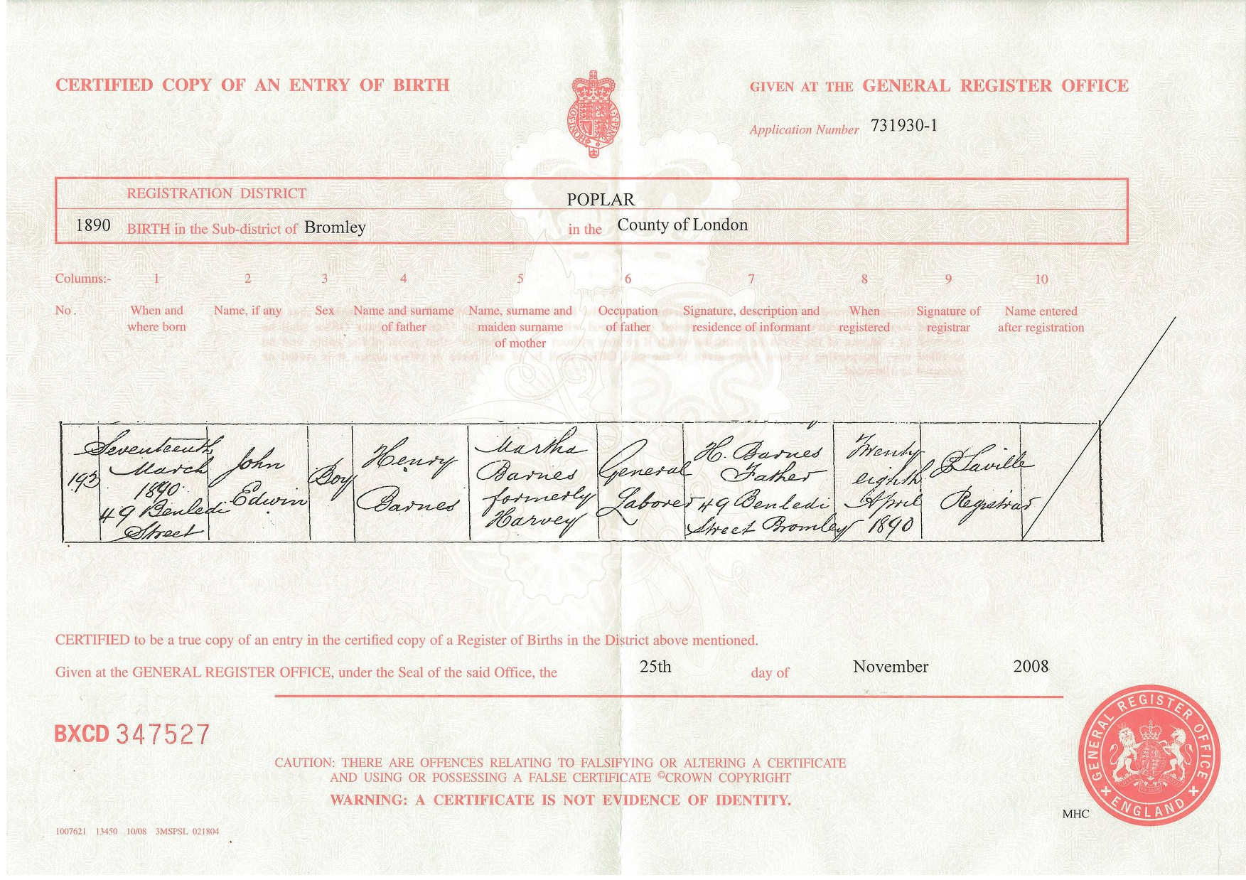 John Edwin Barnes Birth