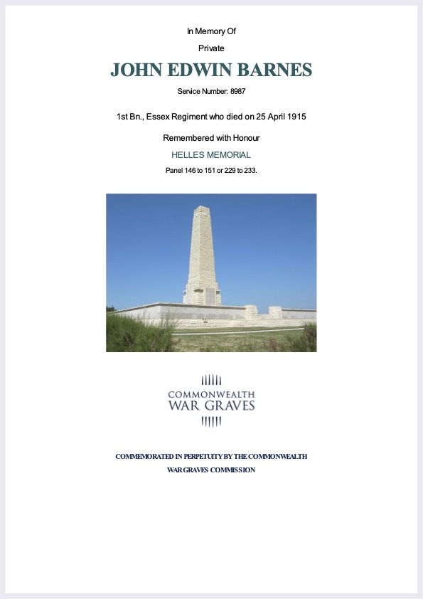 Private John Edwin Barnes - CWGC Certificate