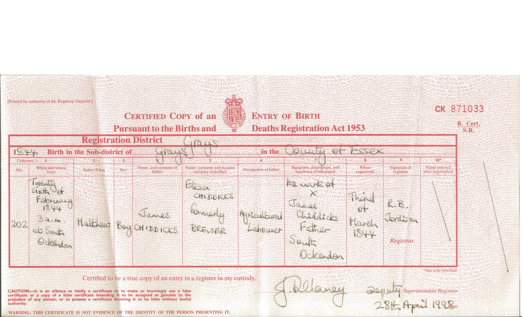 Matthew Chiddicks Birth