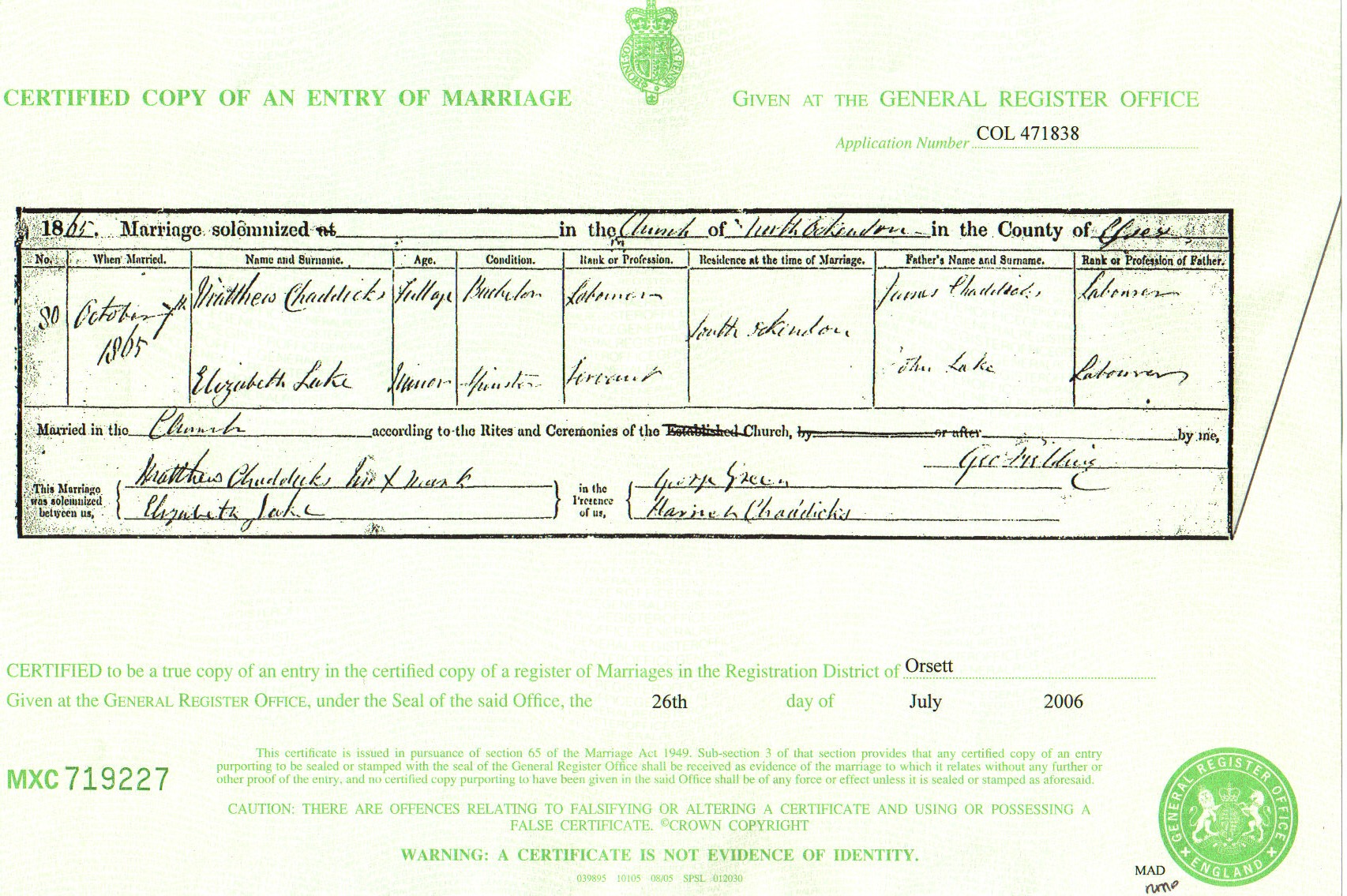 Matthew Chiddicks Marriage Cert