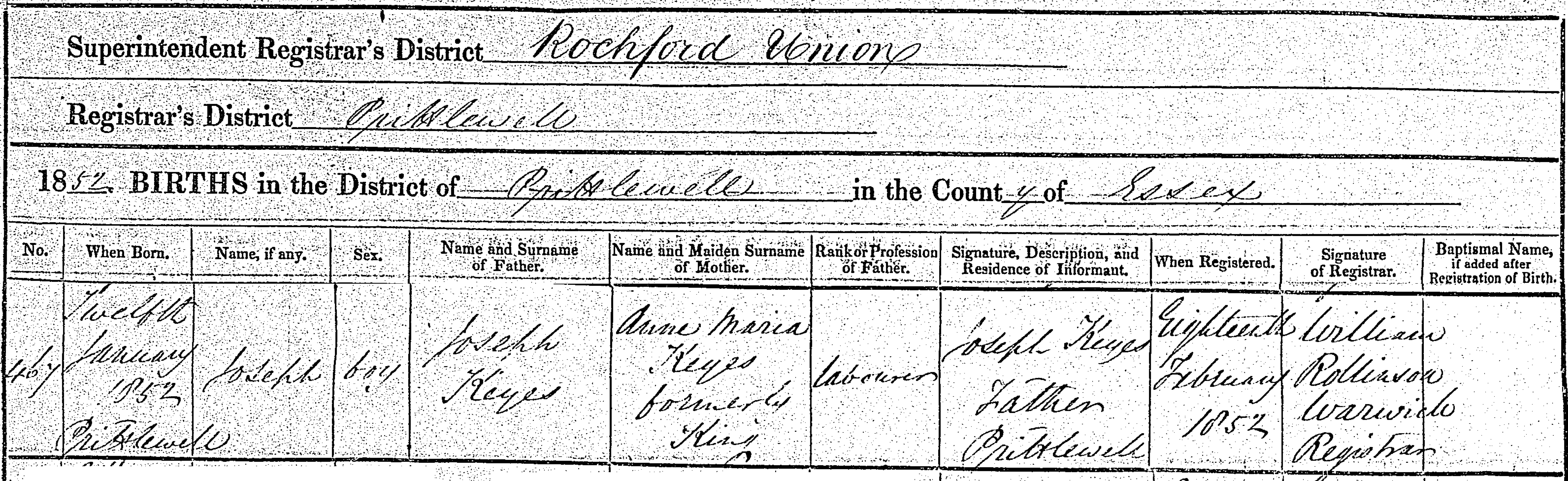 Joseph Keyes Birth Certificate