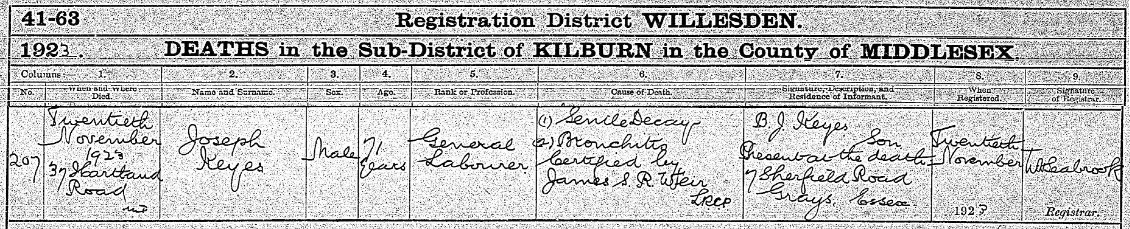 Joseph Keyes Death Certificate