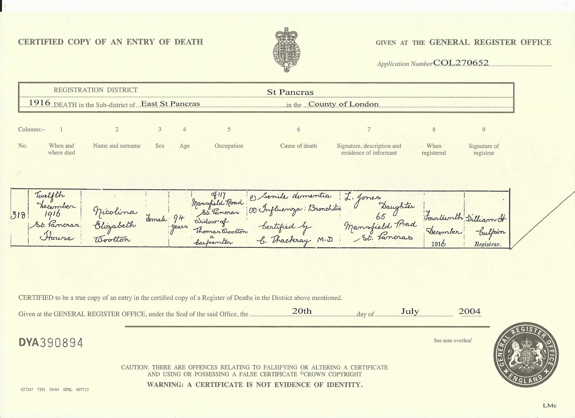 Nicolina Stampa Death Cert