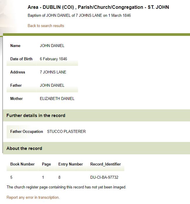 1846 baptism of John Daniel son of John Daniel and Elizabeth Heary