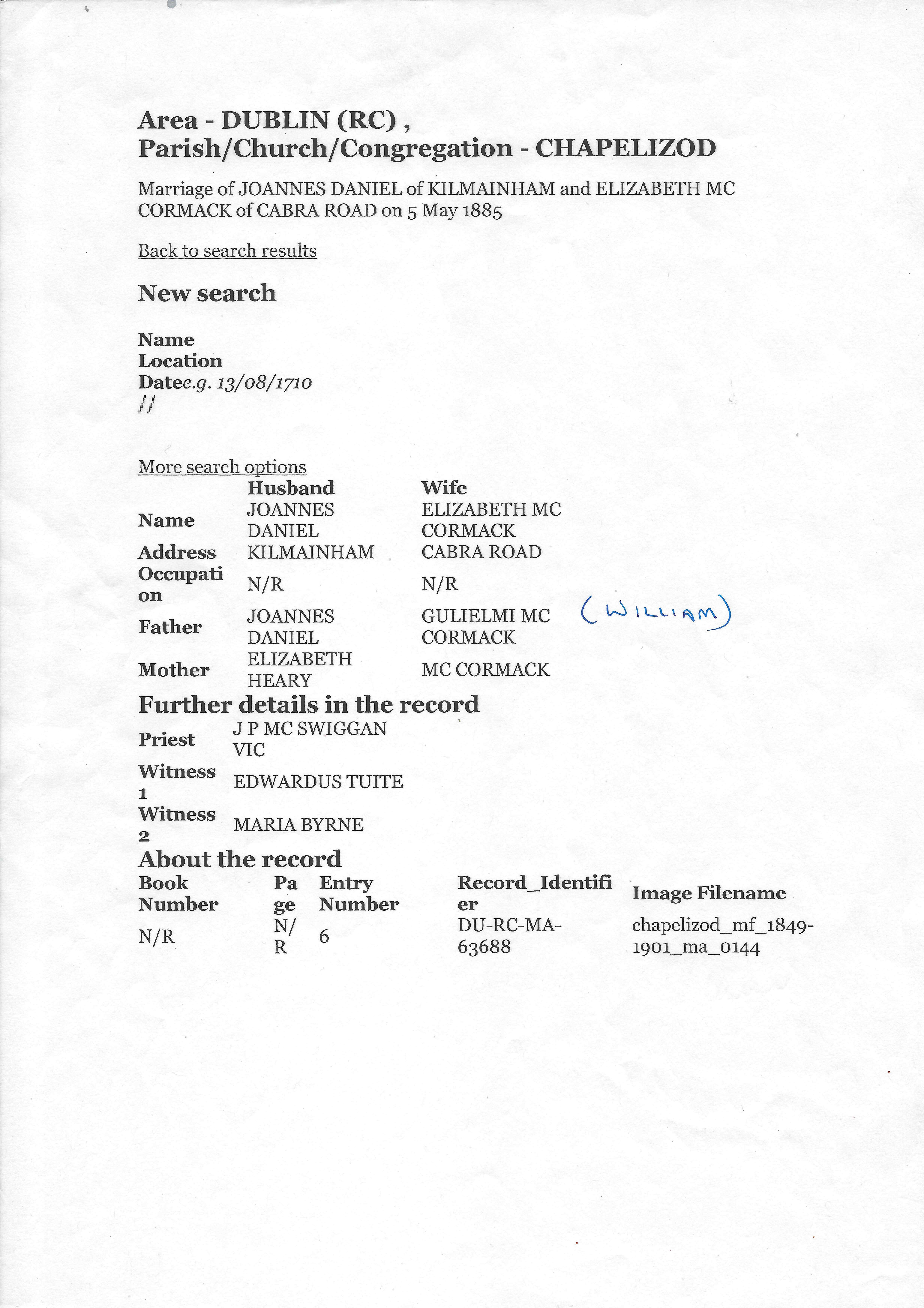 John Daniels:McCormack Marriage