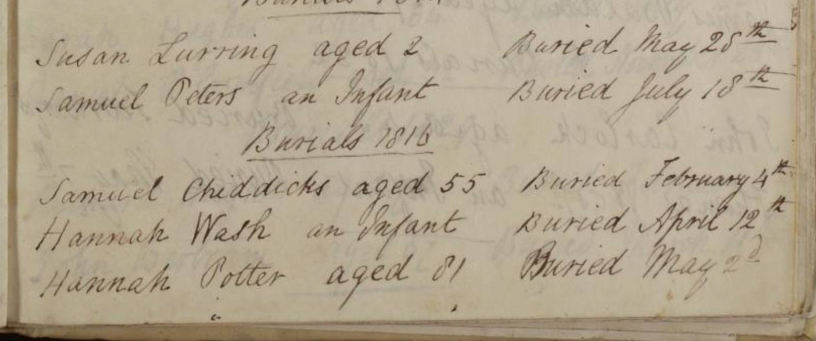 Samuel Chiddicks Burial 1816