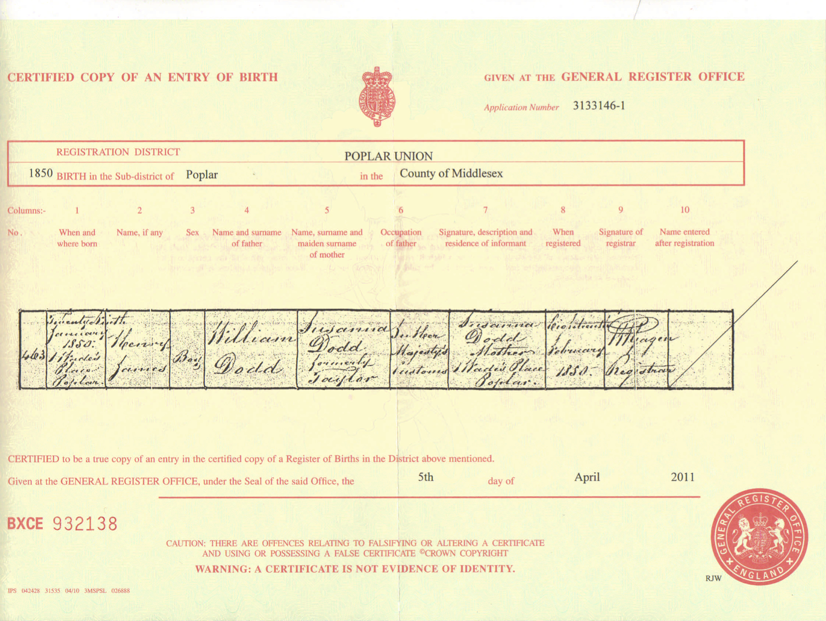 Henry James Dodd Birth