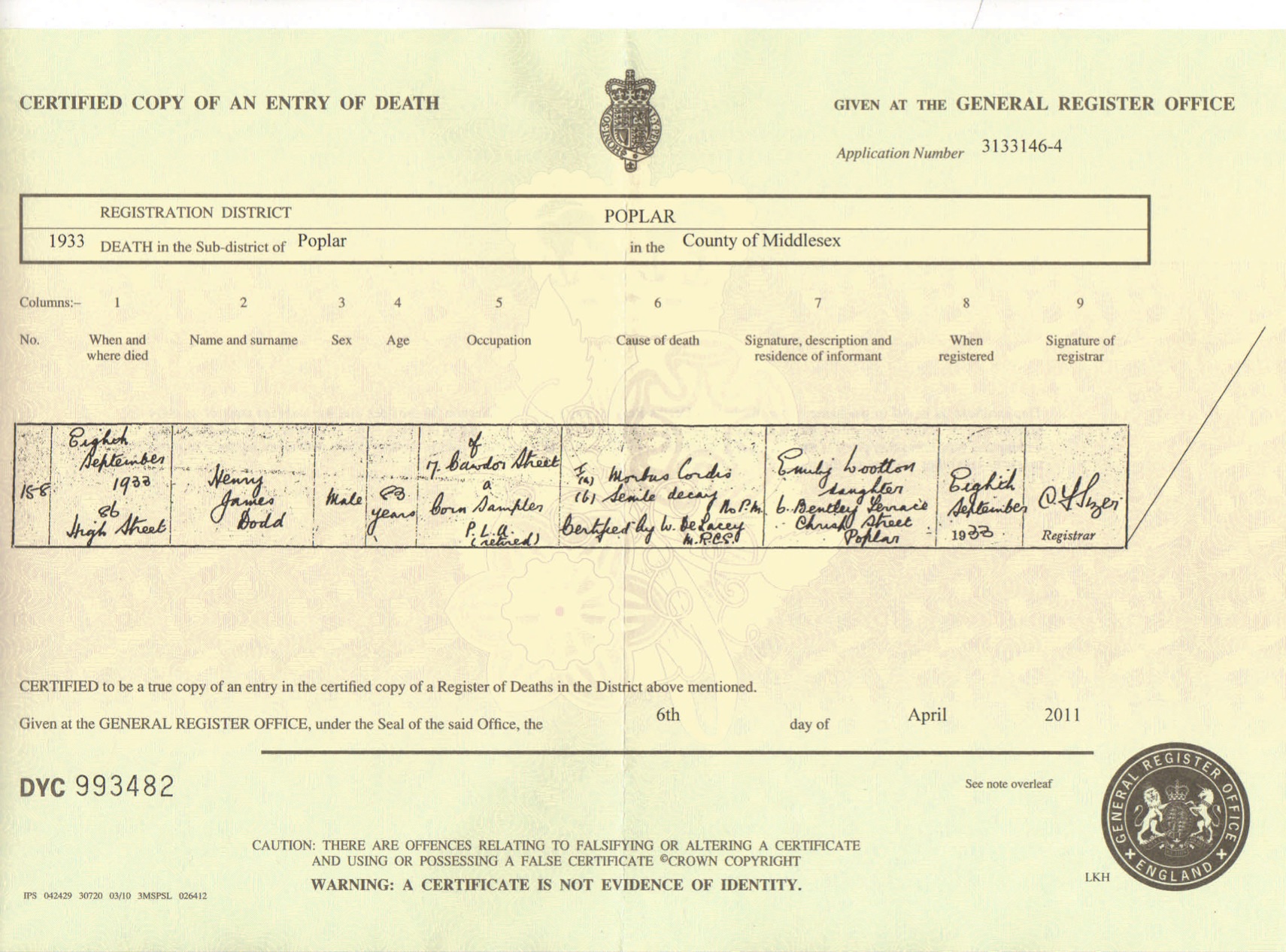 Henry James Dodd Death