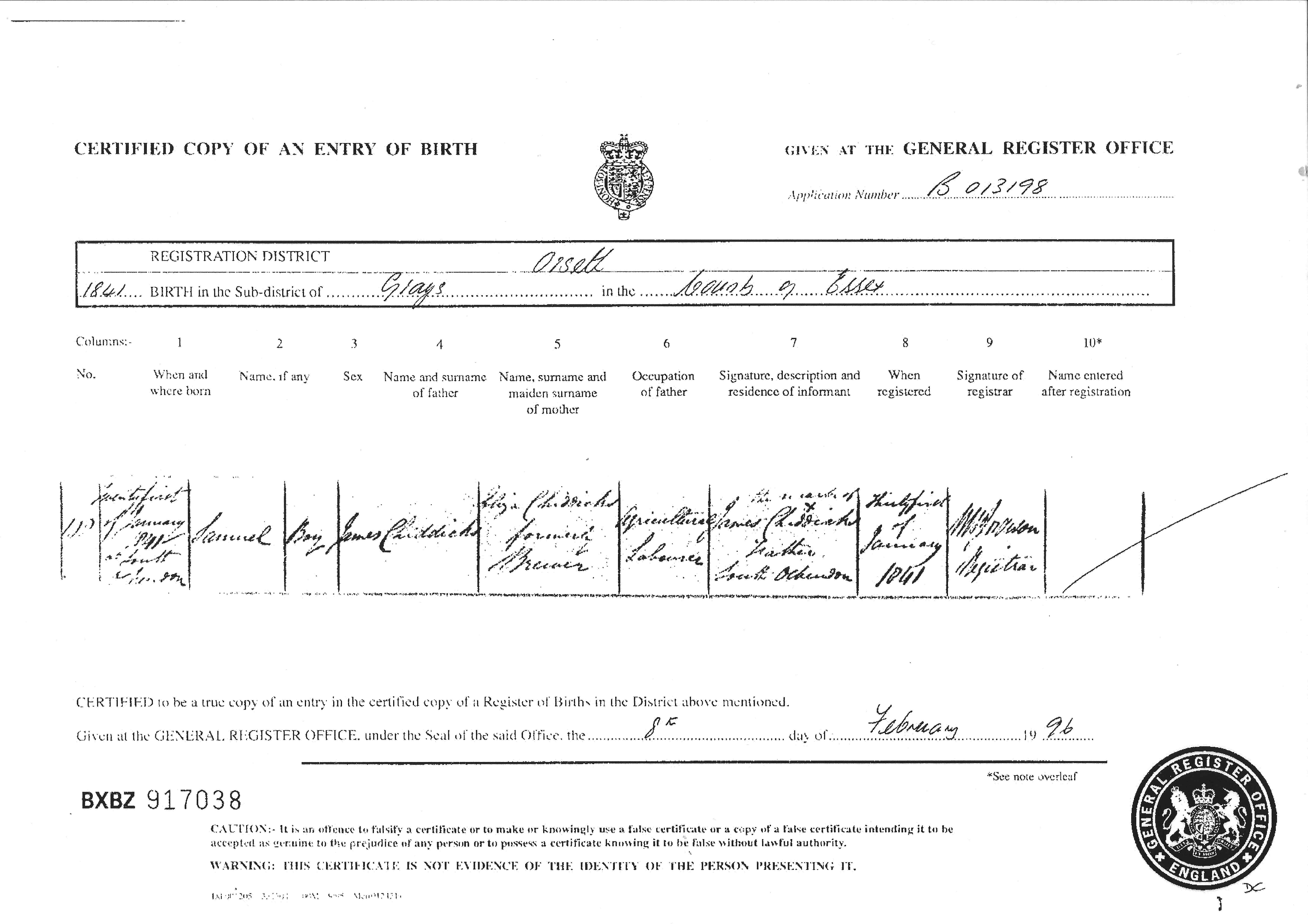 Samuel Chiddicks Birth 1841