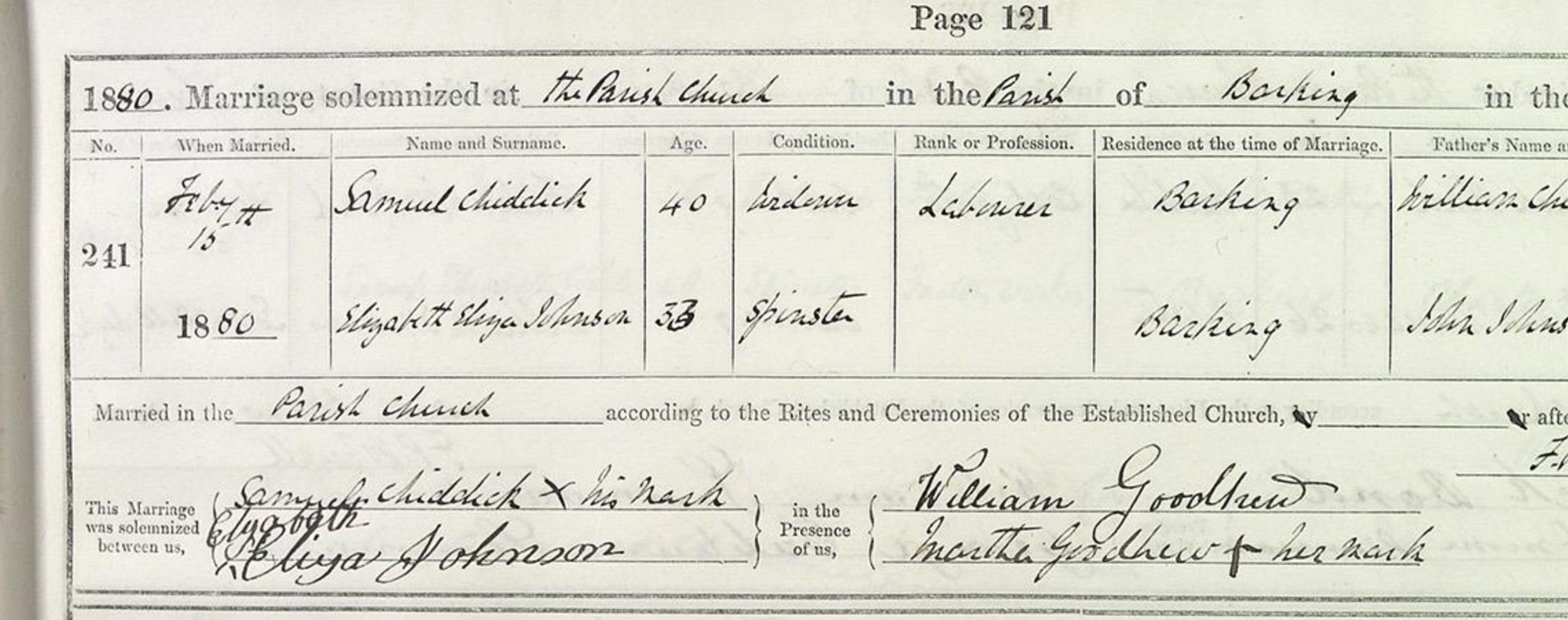 Samuel Chiddicks Elizabeth Johnson Marriage 1