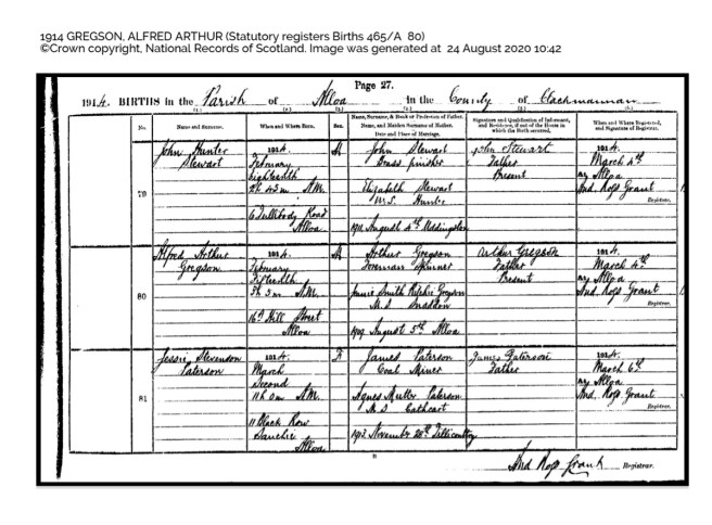 Alfred Arthur Gregson Birth