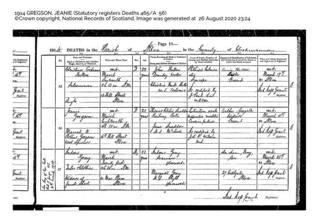 Jeanie Gregson Death certificate