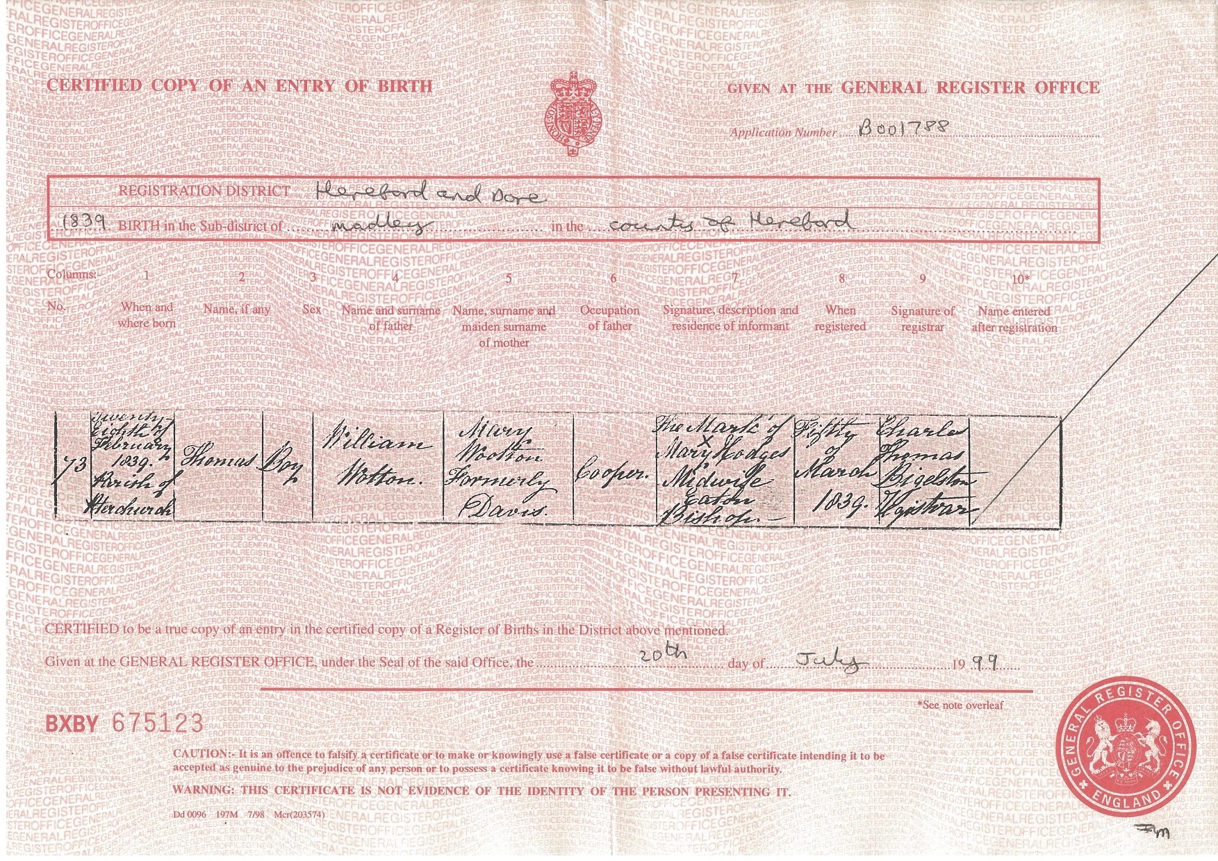 Thomas Wootton Birth