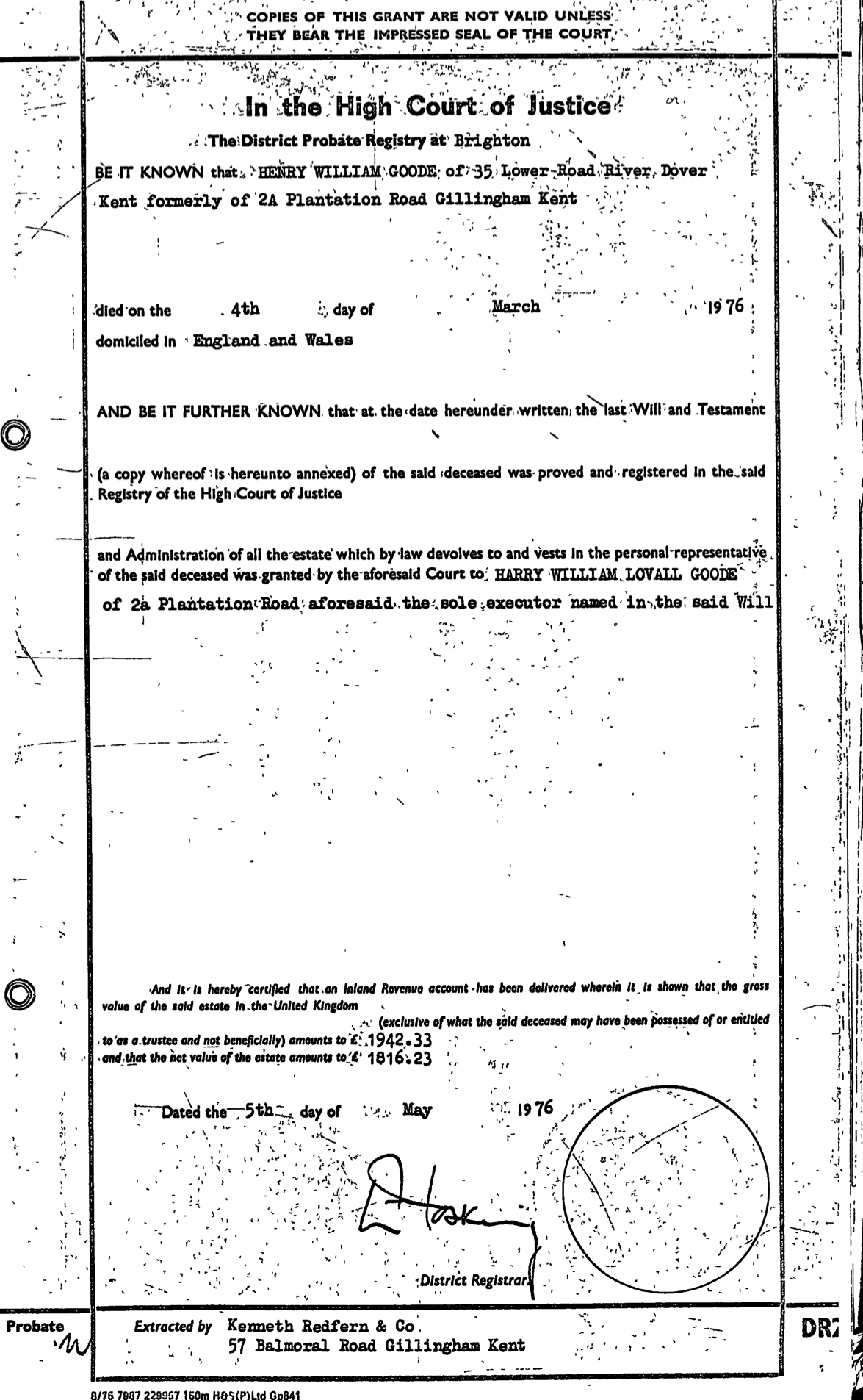 Henry William Goode Will Page 1