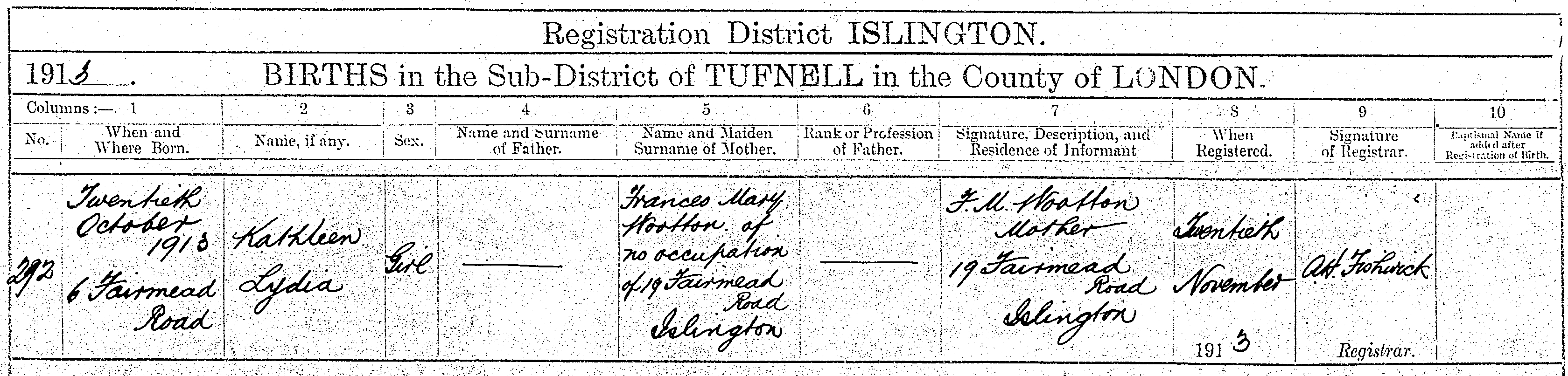 Kathleen Lydia Wootton Birth