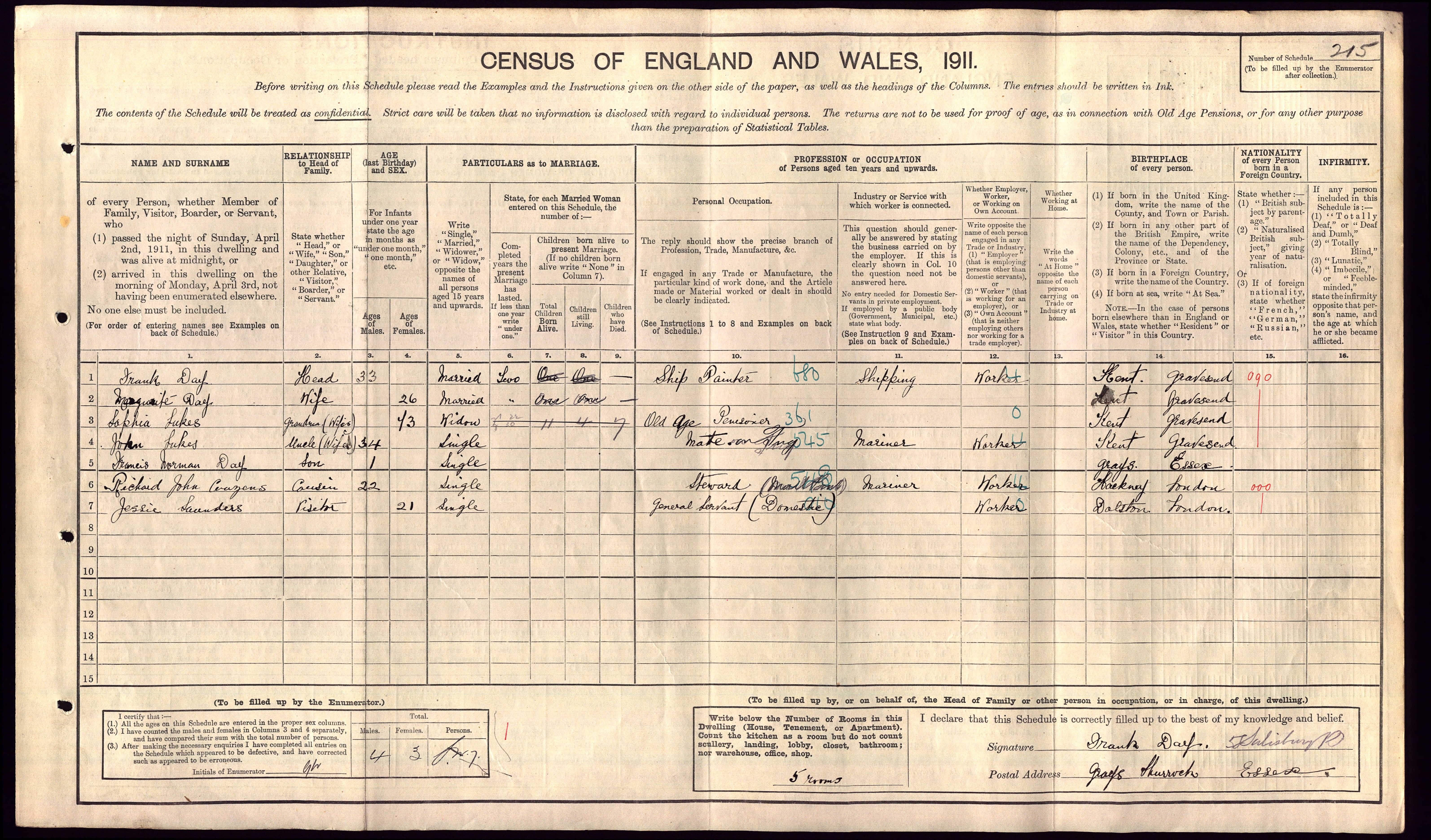 Frank Day Census Return 1911
