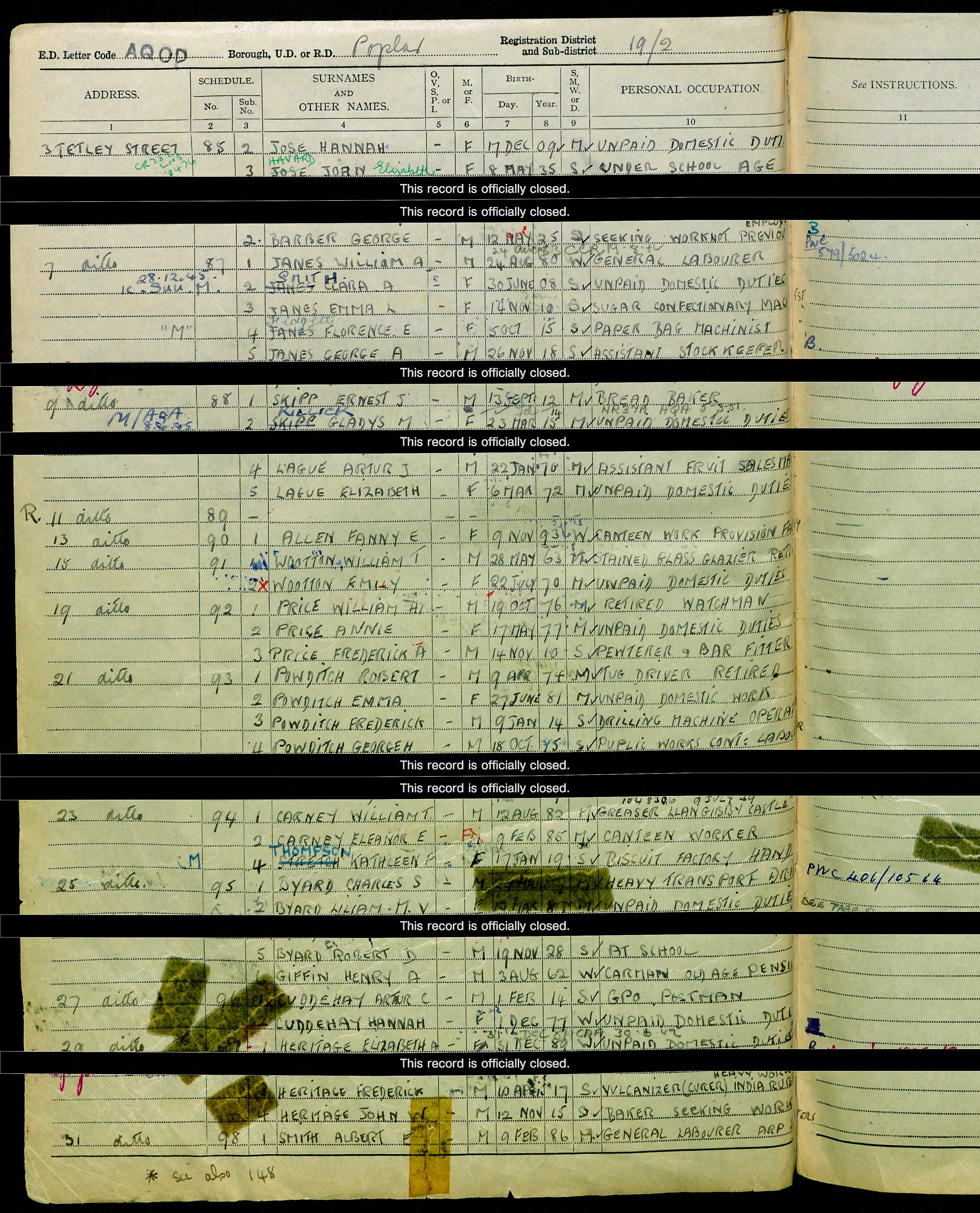 William Tom Wootton Census Retun 1939