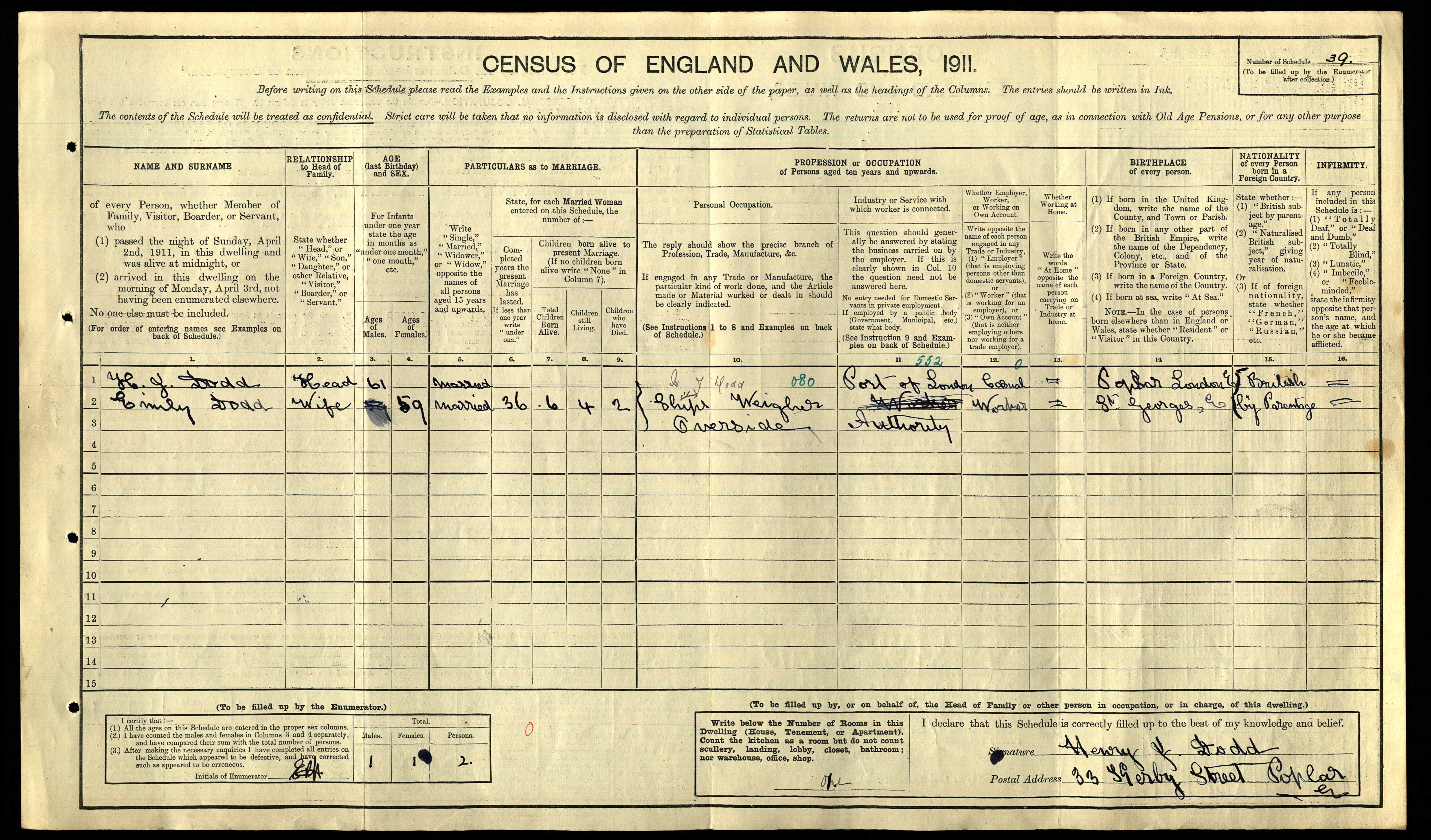 Henry James Dodd Census Returns 1911