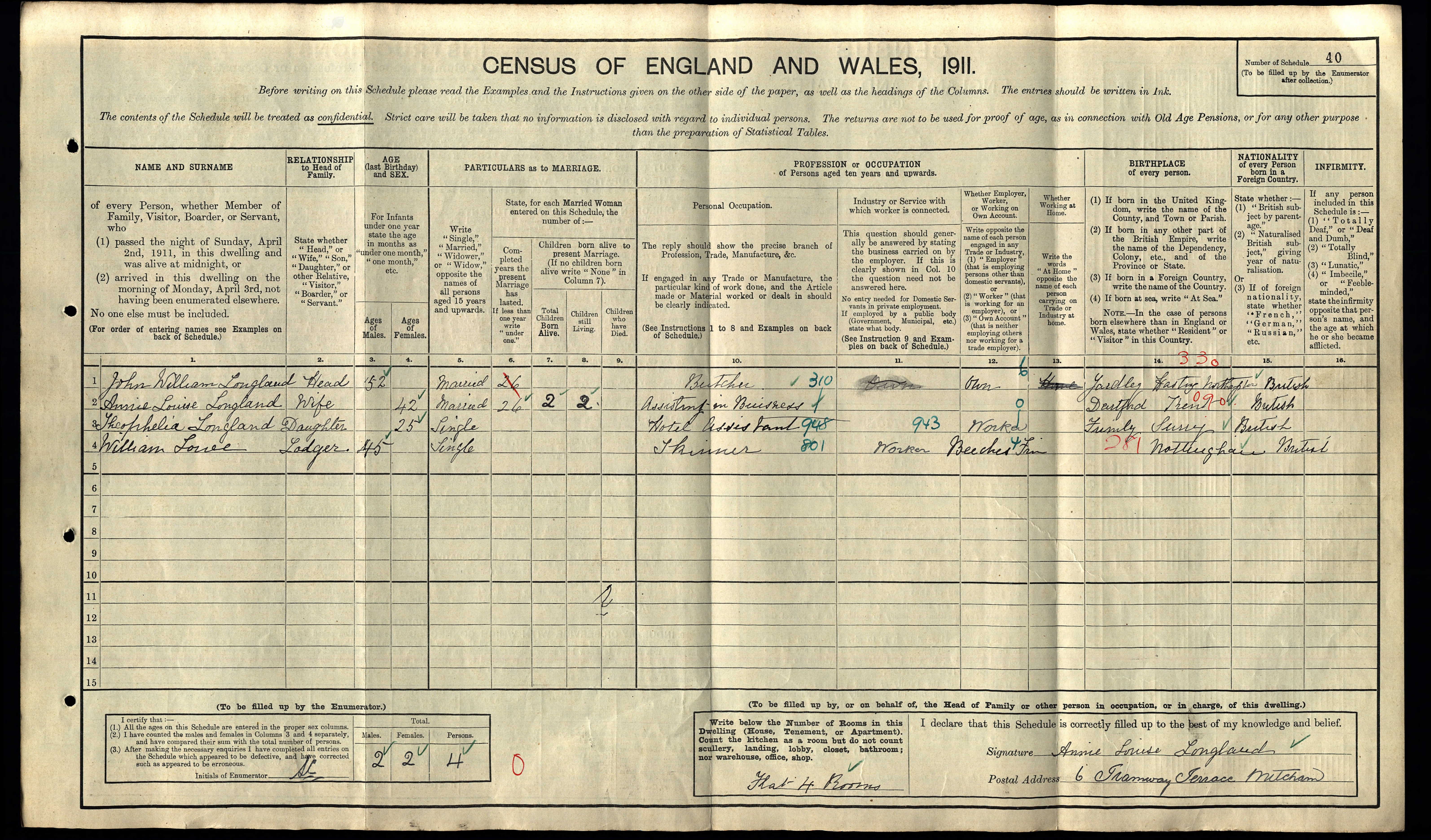 John William Longland Census 1911