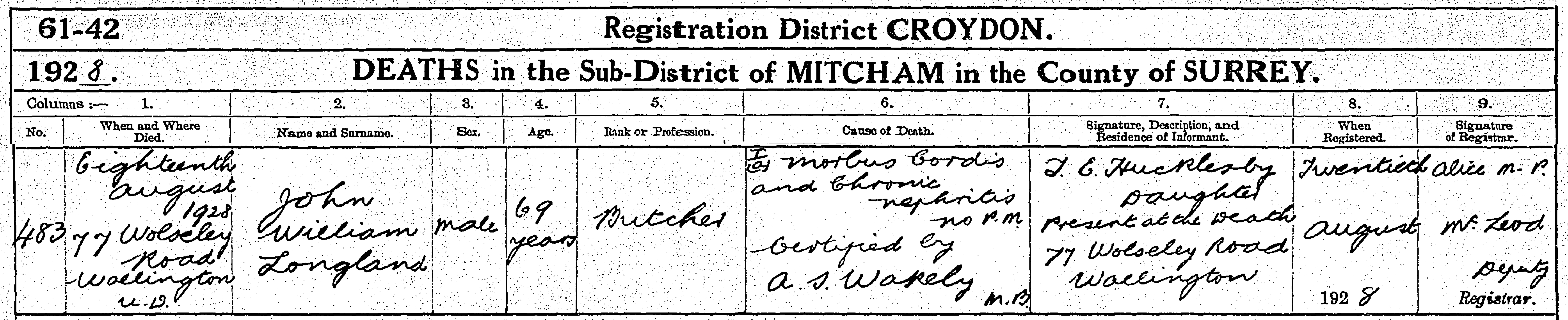 John William Longland Death Certificate