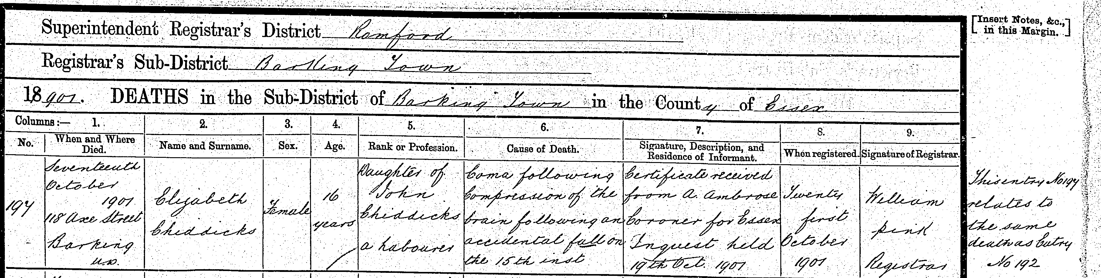 Elizabeth Chiddicks Aged 16 Death