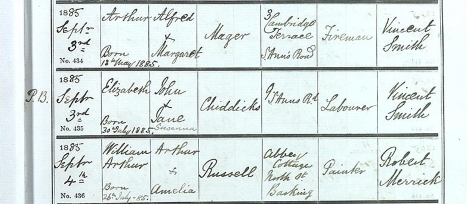 Elizabeth Chiddicks Baptism 1885