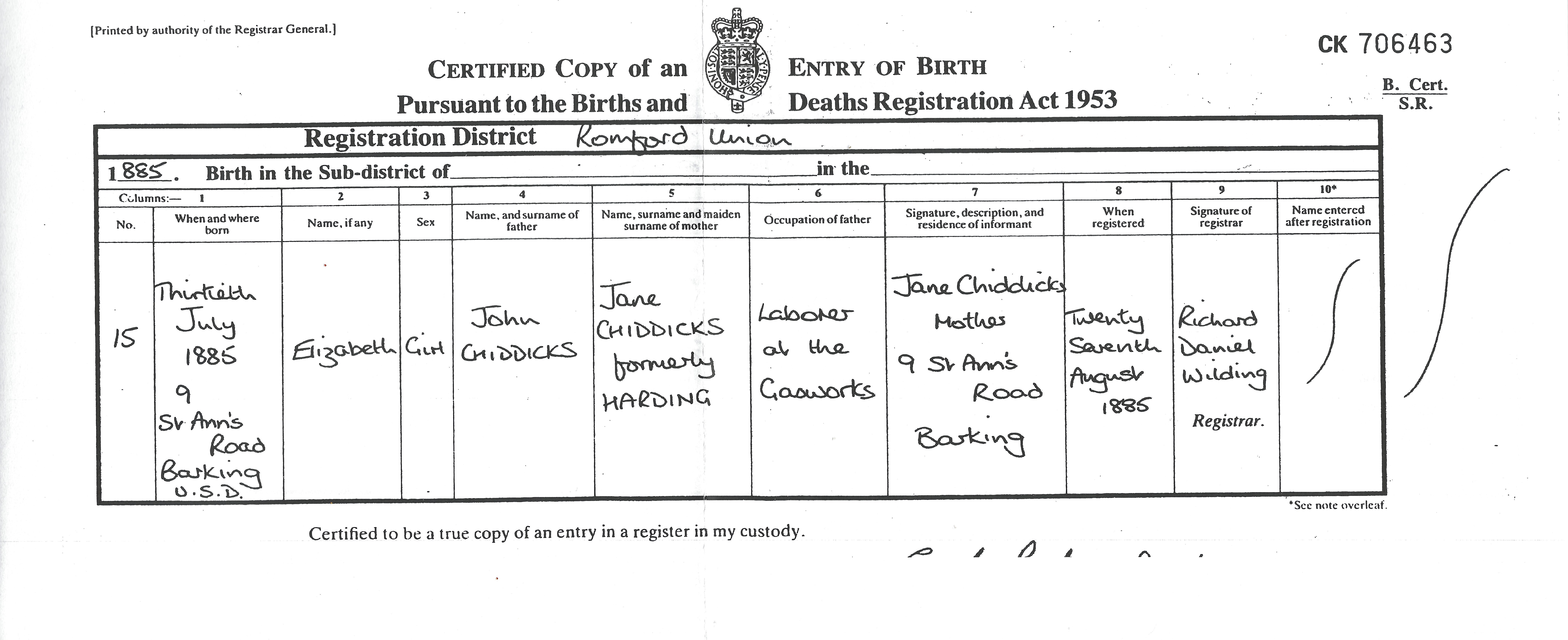 Elizabeth Chiddicks Birth 1885