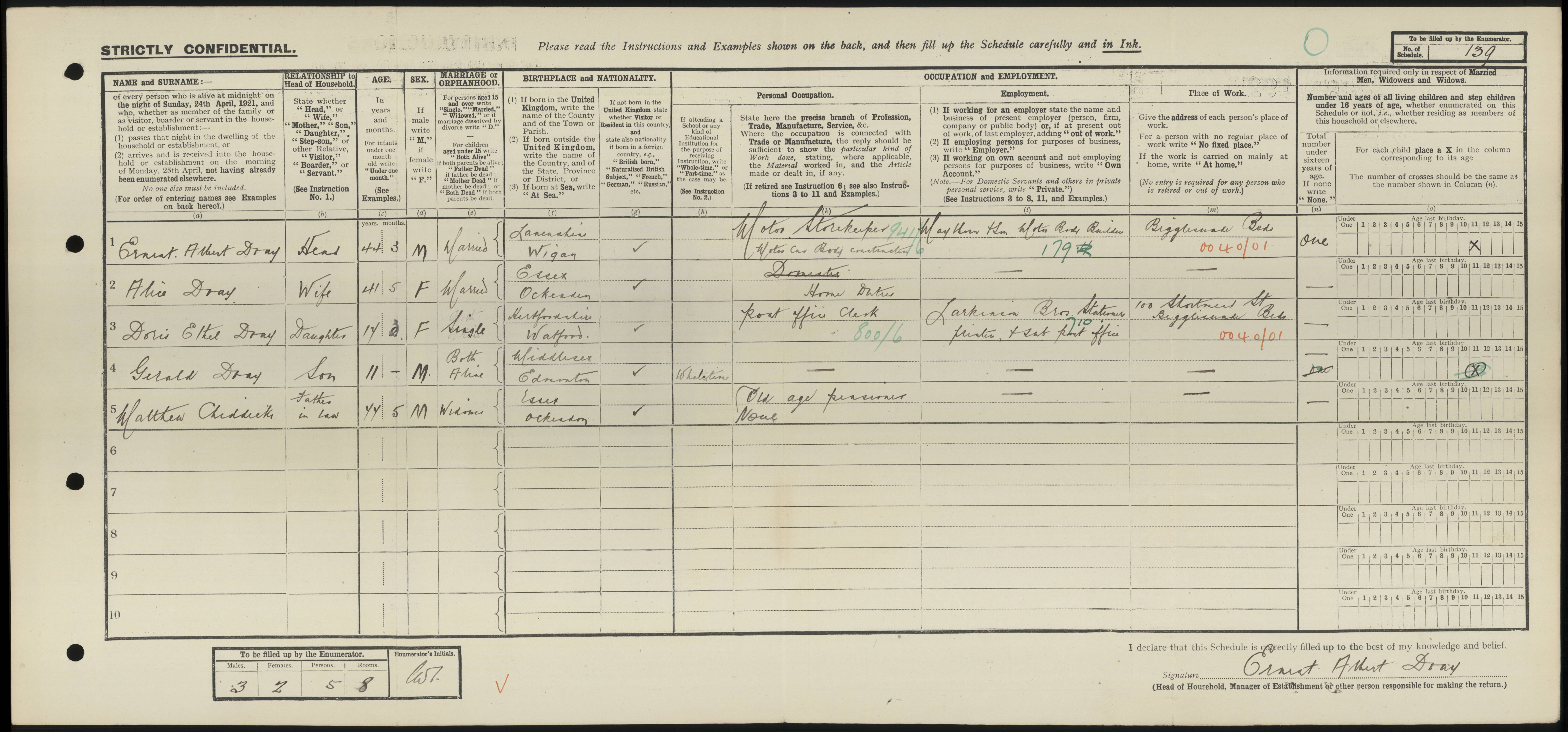 Matthew Chiddicks 1921 Census