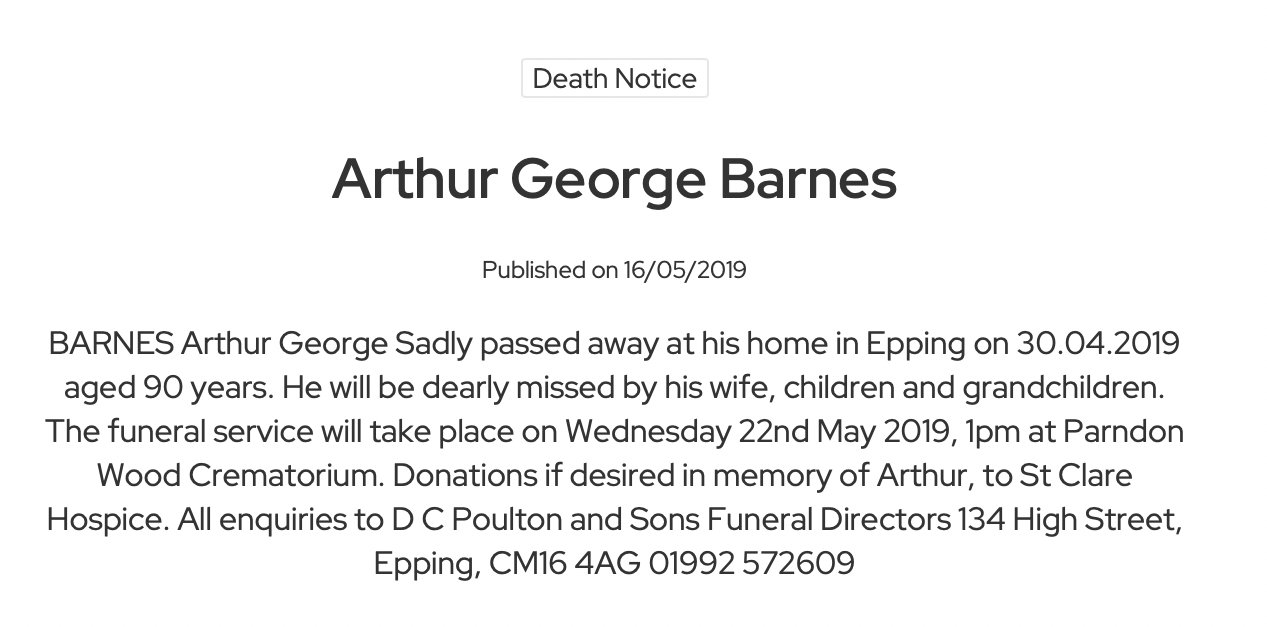 Arthur George Barnes Obituary