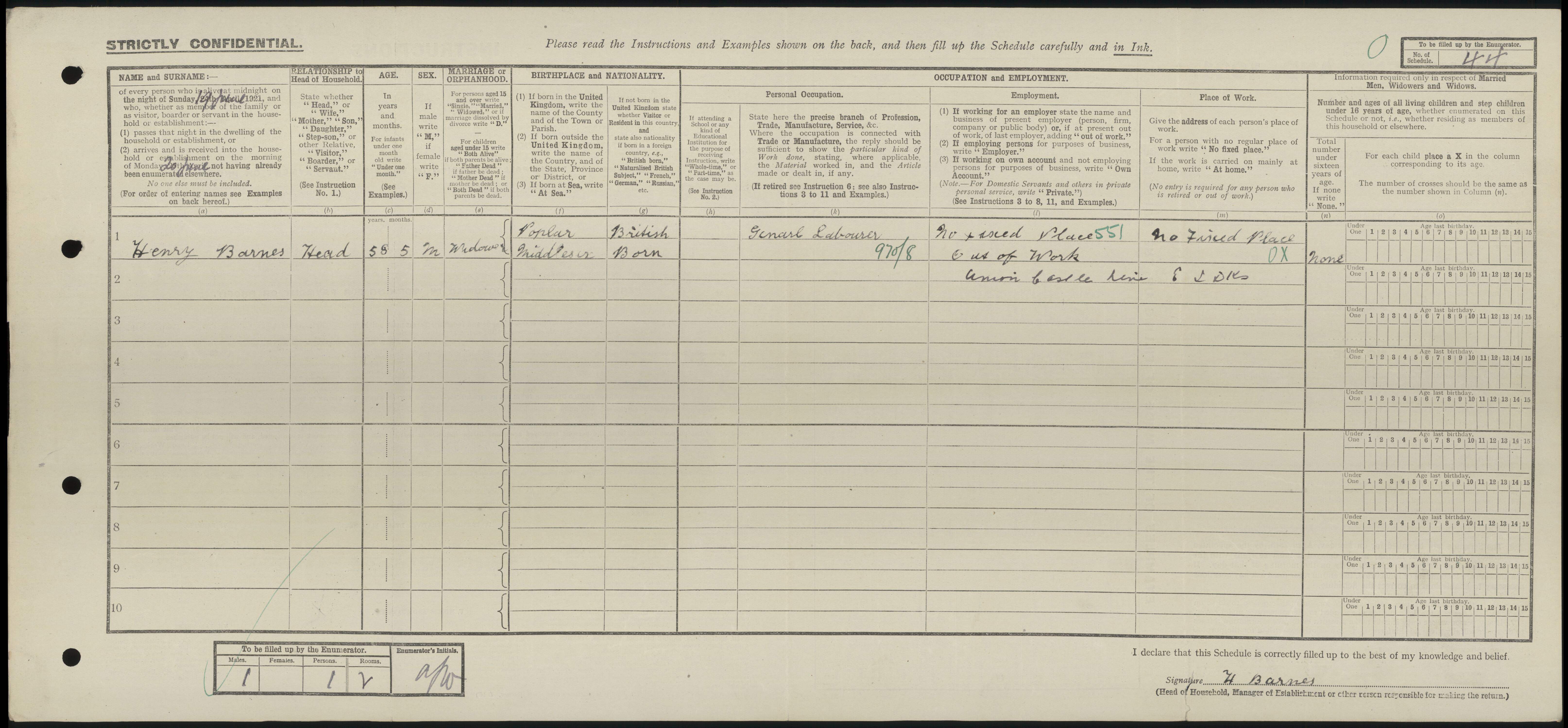 Henry Barnes 1921 Census