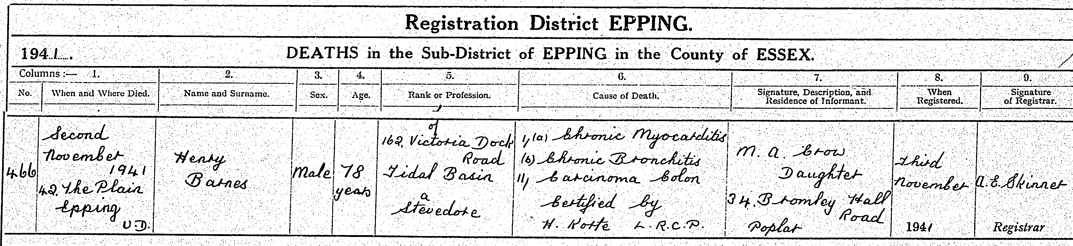 Henry Barnes Death Certificate
