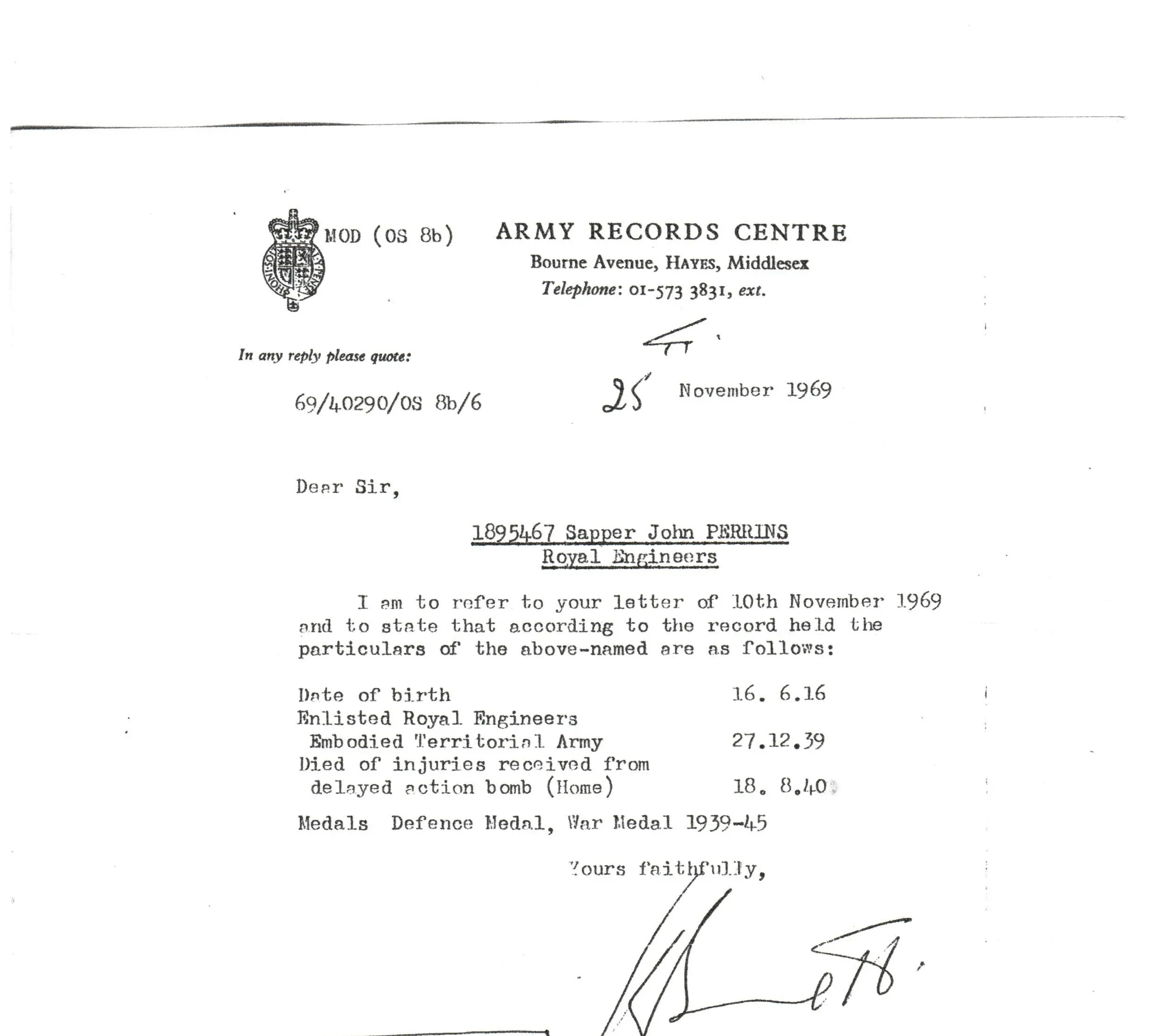 John Perrins Army records 2