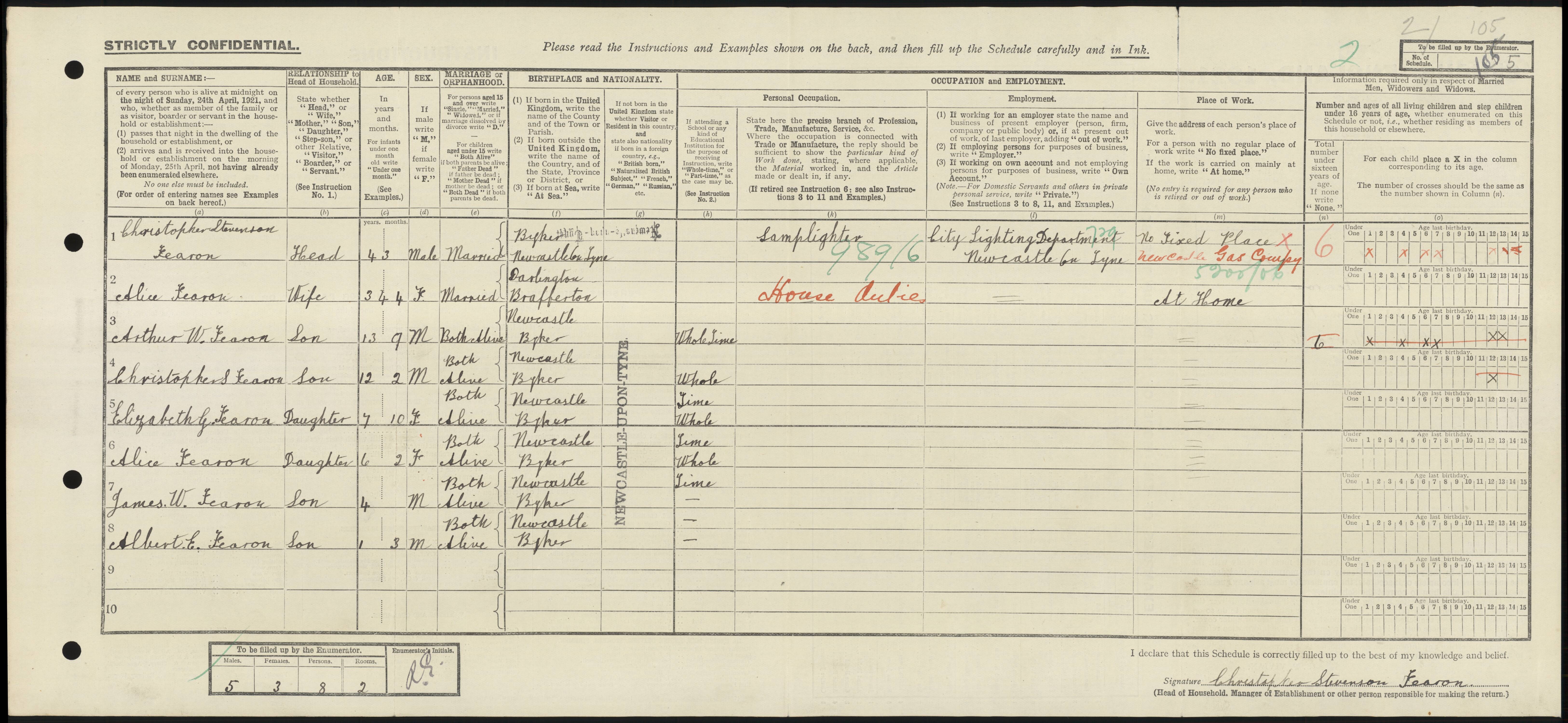 Albert Fearon 1921 Census