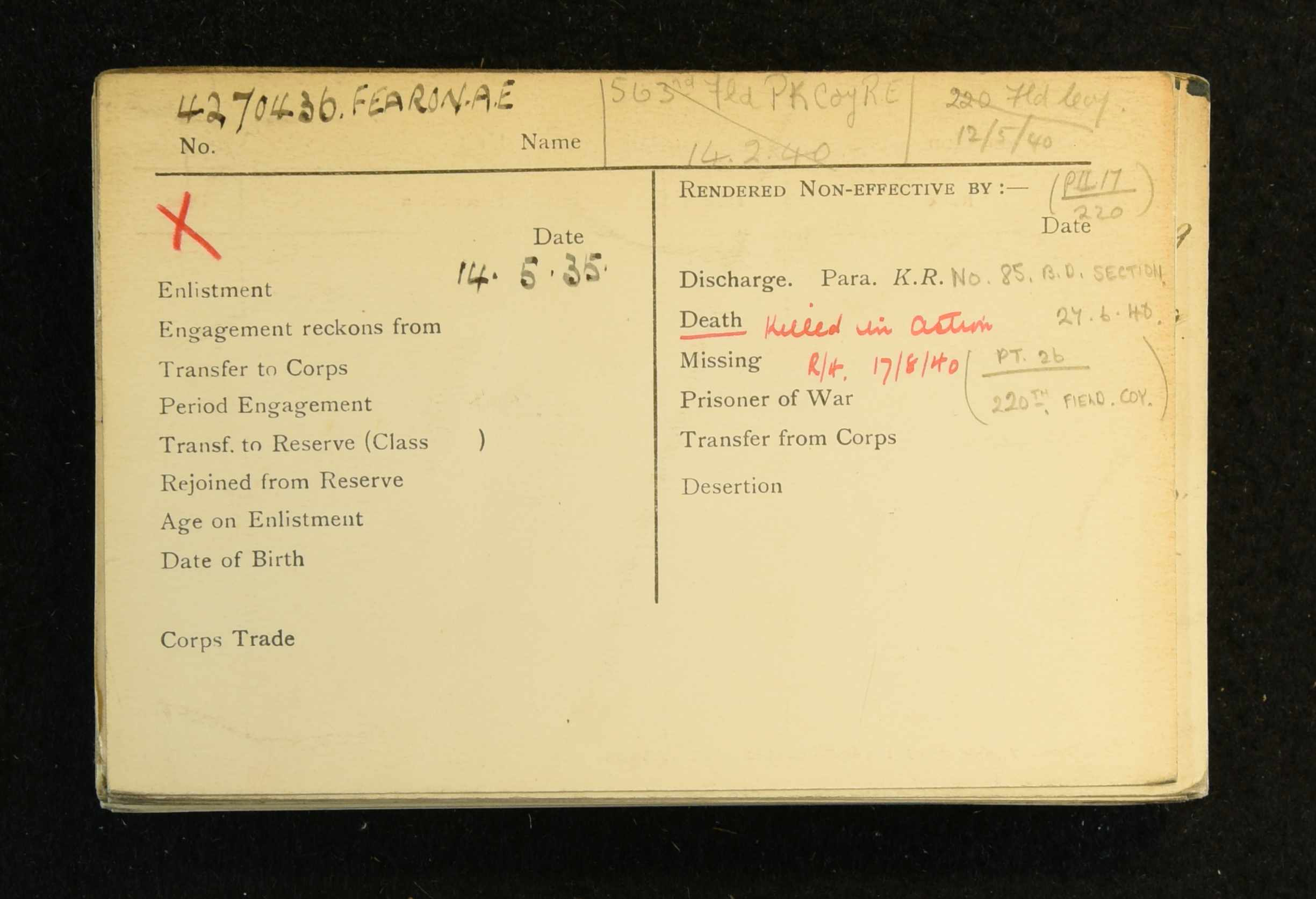 Albert Fearon Military Record 2